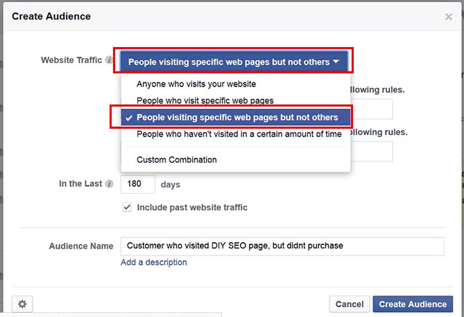 Create a retargeting audience of people visiting specific web pages but not others