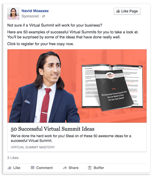 Facebook ad example for warm audience - VSM