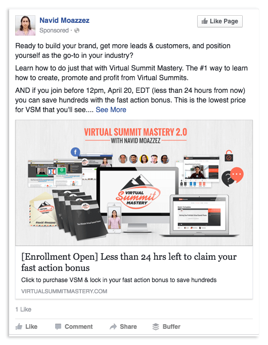Facebook Ad Example With Urgency