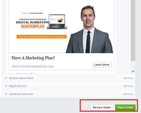 Select "Place Order" to start your facebook retargeting campaign